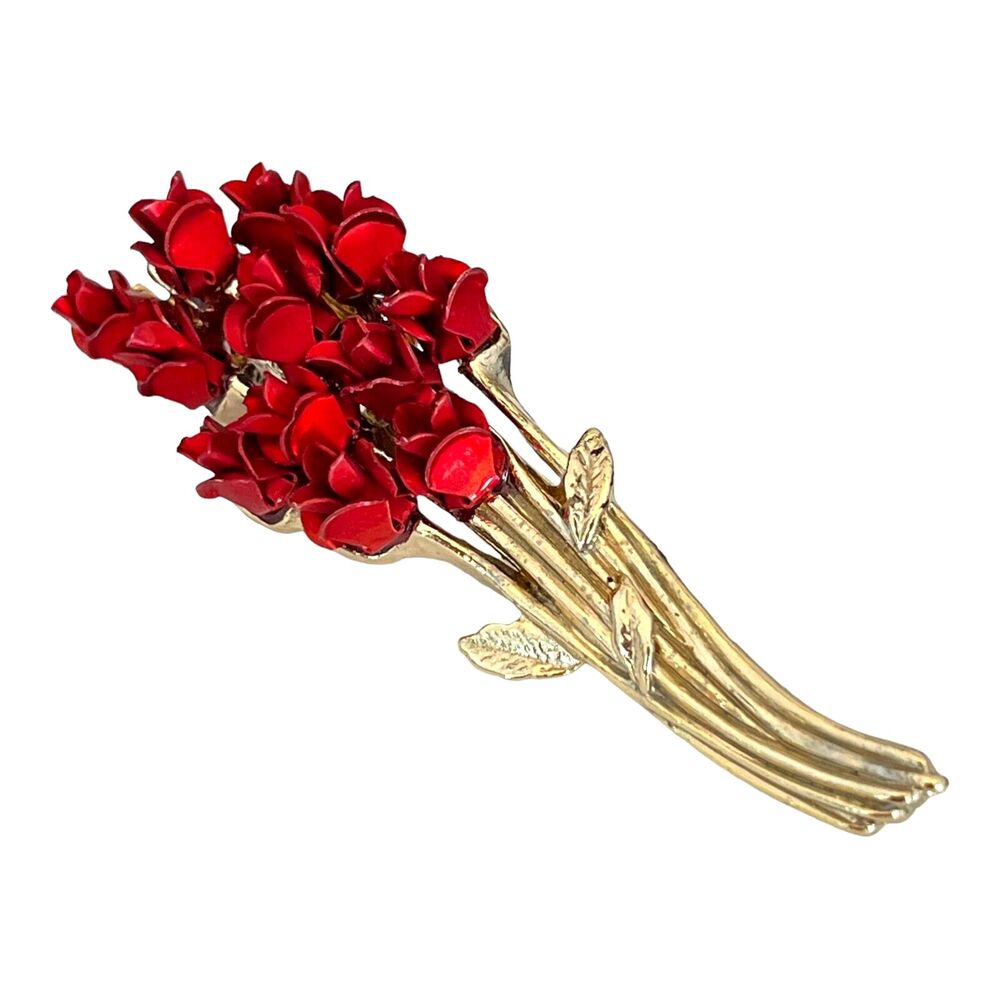 Vintage 1990s Danbury Mint Rose Brooch Red Enamel Gold Tone - 4H